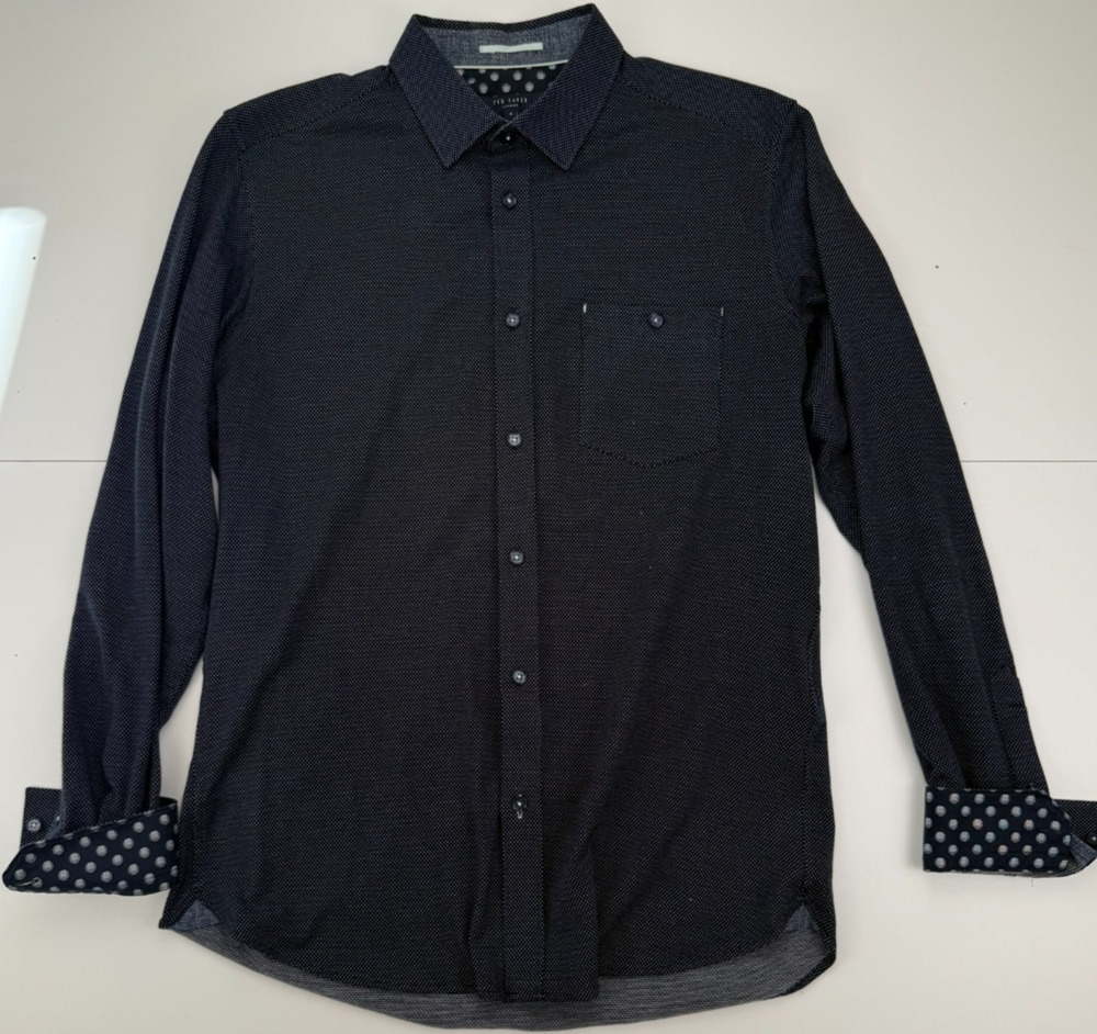Ted Baker London Shirt Mens 4 L Black Navy Micro Print Contrast Cuff Dot Cotton